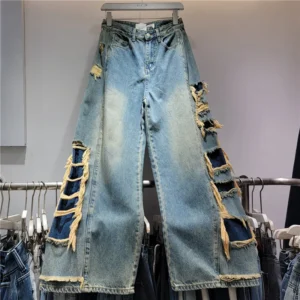 Retro Damskie Jeansy z Frędzlami – Luźne i Drapowane Szerokie