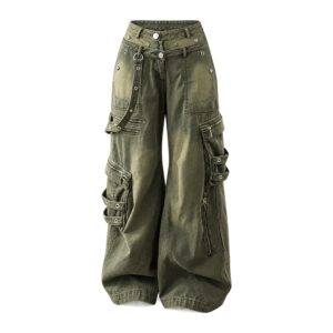 Damskie dżinsy z wysokim stanem – Vintage Casual, styl amerykański - Szary, L