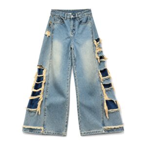 Retro Damskie Jeansy z Frędzlami – Luźne i Drapowane Szerokie - blue, XL