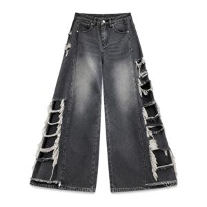 Retro Damskie Jeansy z Frędzlami – Luźne i Drapowane Szerokie - Black grey, XL