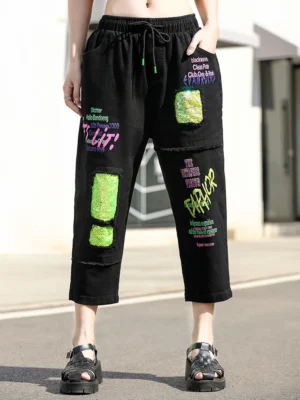 Spodnie Haremowe Damskie – Luźne, Styl Vintage, Cekiny