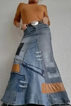 Długa Spódnica Jeansowa Damska Vintage Blue – Stylowy Kontrast Patch