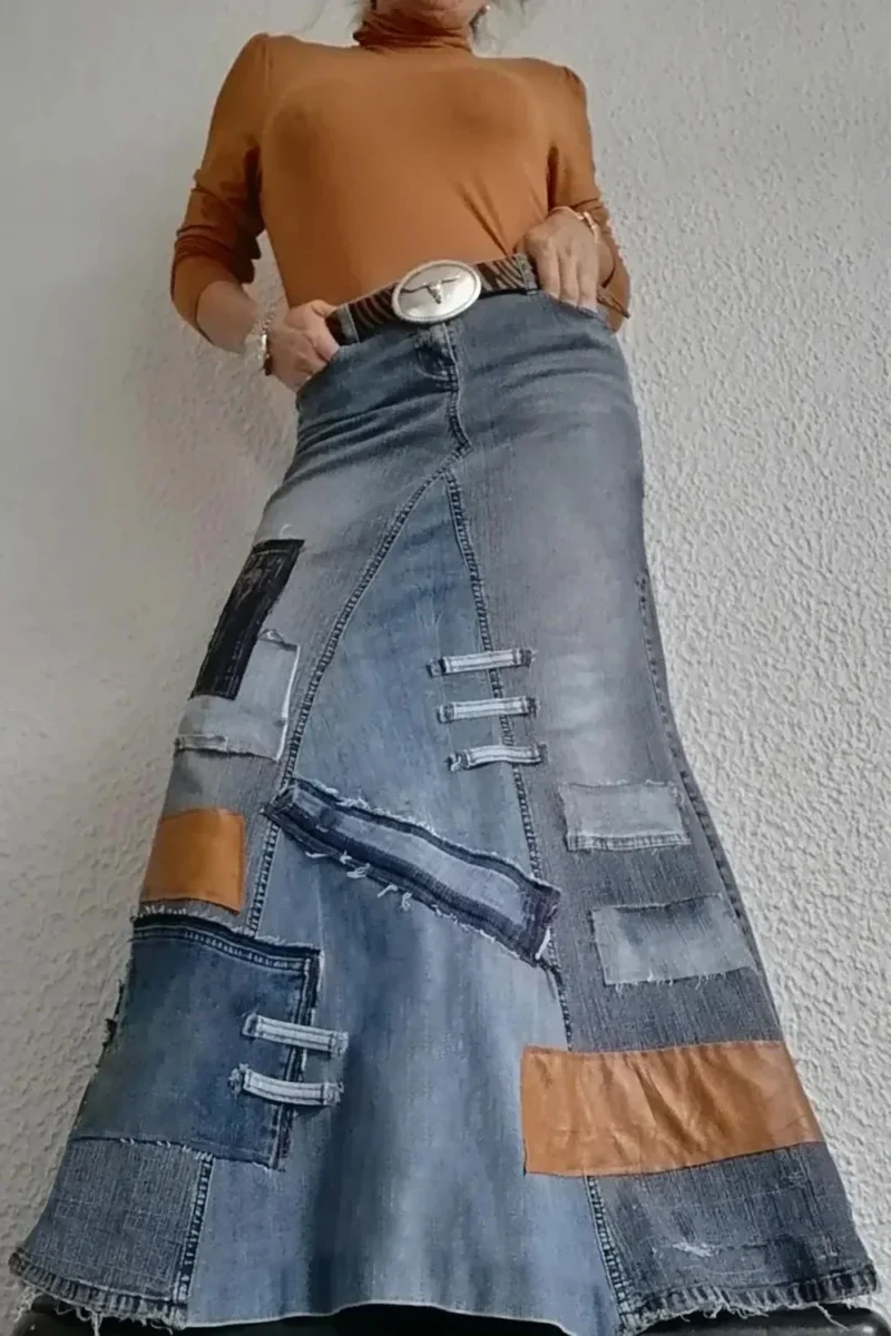 Długa Spódnica Jeansowa Damska Vintage Blue – Stylowy Kontrast Patch