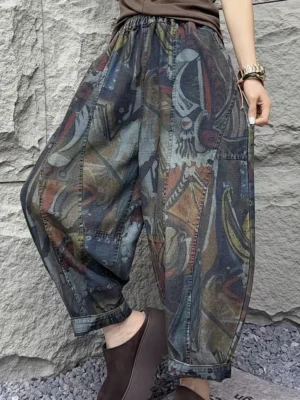 Stylowe Jeansy Damskie Vintage z Wzorem – Klasyczne Szerokie