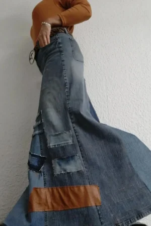 Długa Spódnica Jeansowa Damska Vintage Blue – Stylowy Kontrast Patch