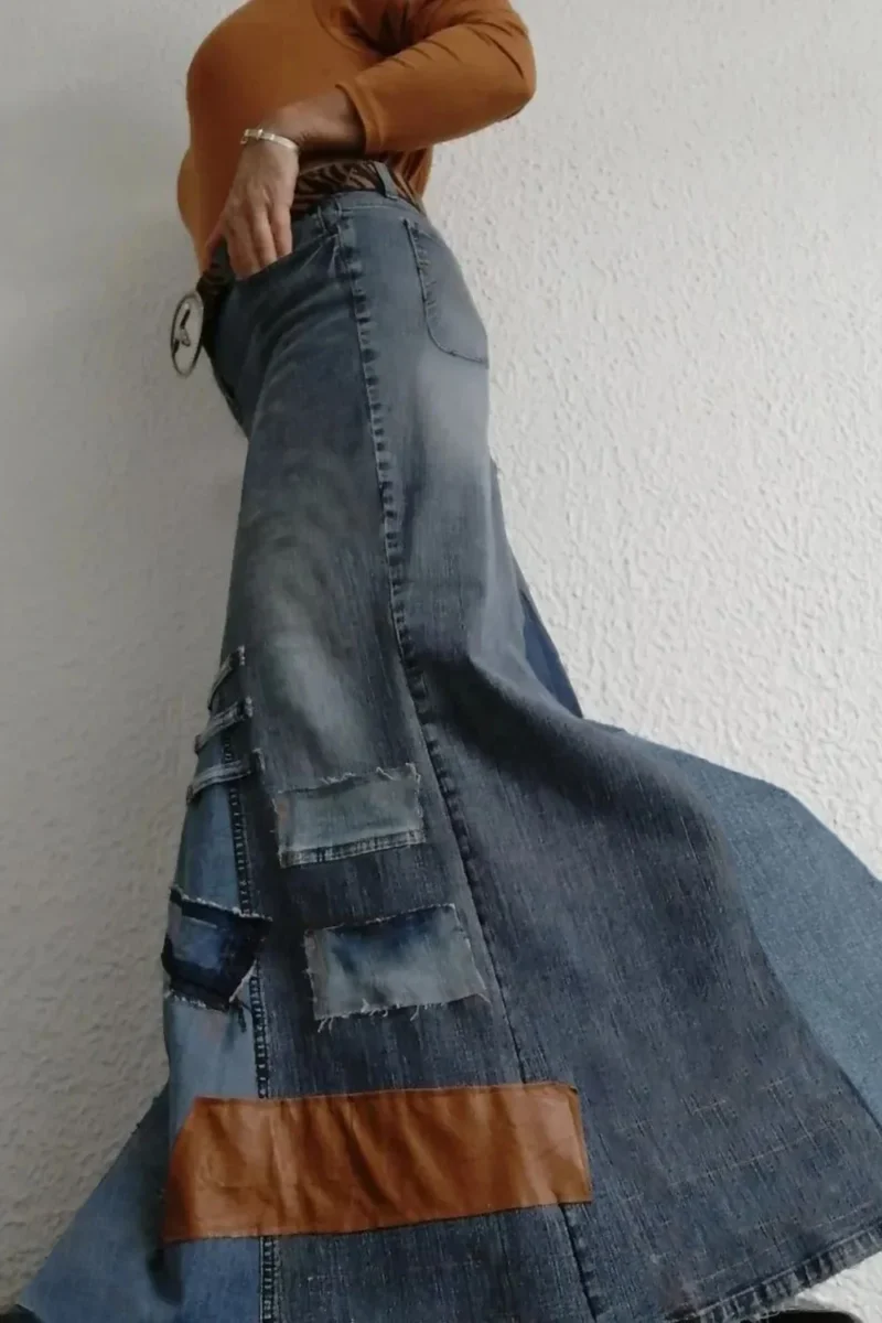 Długa Spódnica Jeansowa Damska Vintage Blue – Stylowy Kontrast Patch
