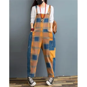 Damskie Luźne Spodnie Haremowe w Kratę – Styl Vintage | Denimowe Ogrodniczki