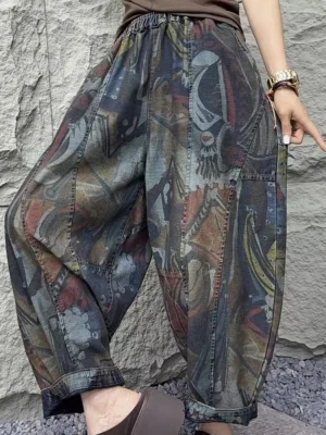 Stylowe Jeansy Damskie Vintage z Wzorem – Klasyczne Szerokie