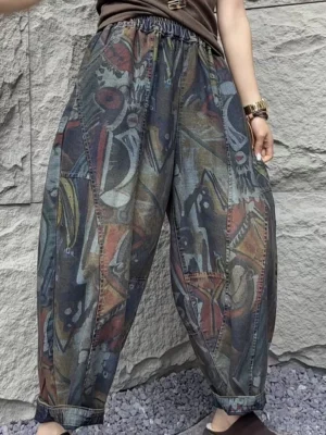 Stylowe Jeansy Damskie Vintage z Wzorem – Klasyczne Szerokie