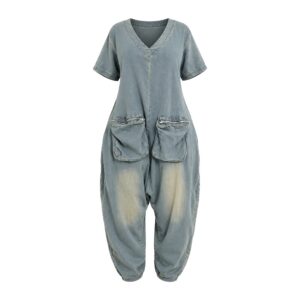 Luźny Kombinezon Jeansowy – Sprany Denim, Wygodne Kieszenie - Niebieski, XXL