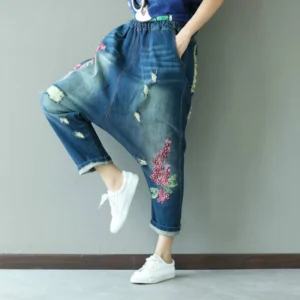 Damskie Jeansy z Haftem w Pasie – Haremowe z Dziurami, Casualowy Styl