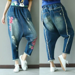 Damskie Jeansy z Haftem w Pasie – Haremowe z Dziurami, Casualowy Styl
