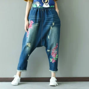 Damskie Jeansy z Haftem w Pasie – Haremowe z Dziurami, Casualowy Styl