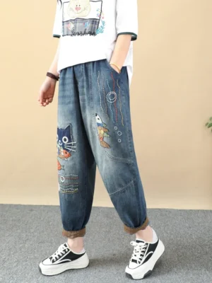 Retro Jeansowe Spodnie Harem –  Z Haftem i Patchworkiem