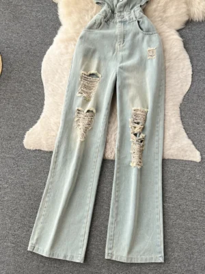 Damskie Ogrodniczki Jeansowe Slim Fit z Dziurami  – Styl Retro & High Street