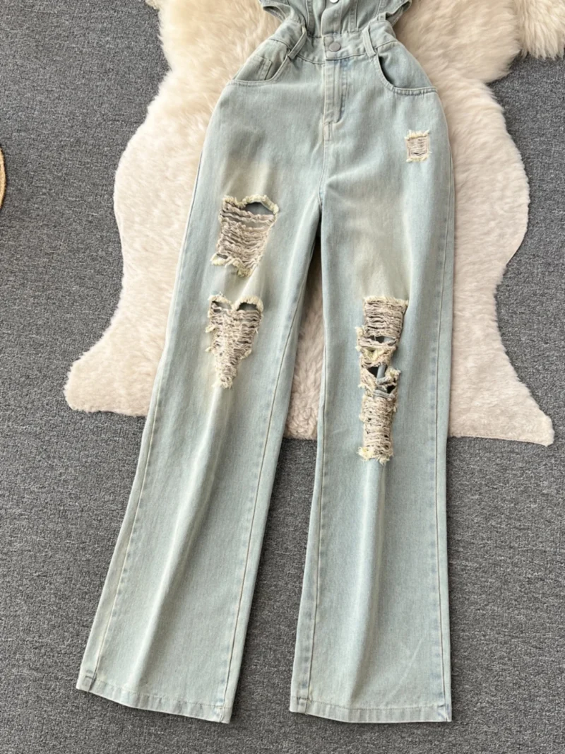 Damskie Ogrodniczki Jeansowe Slim Fit z Dziurami  – Styl Retro & High Street