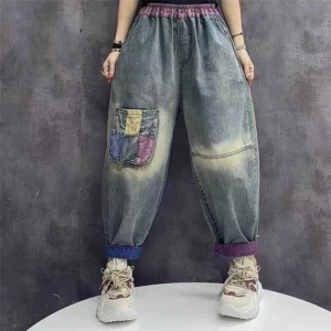 Patchworkowe Damskie Jeansy w Stylu Punk – Luźny Krój