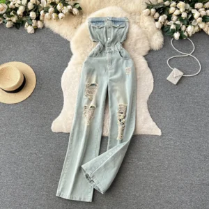 Damskie Ogrodniczki Jeansowe Slim Fit z Dziurami  – Styl Retro & High Street