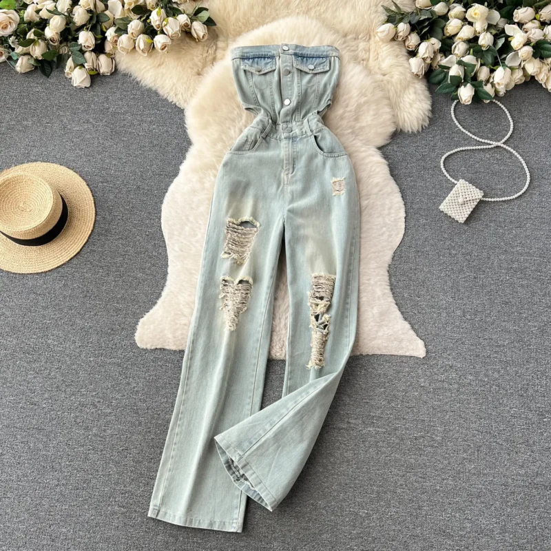 Damskie Ogrodniczki Jeansowe Slim Fit z Dziurami  – Styl Retro & High Street