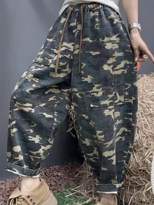Damskie Spodnie Jeansowe Camouflage – Vintage, Luźne