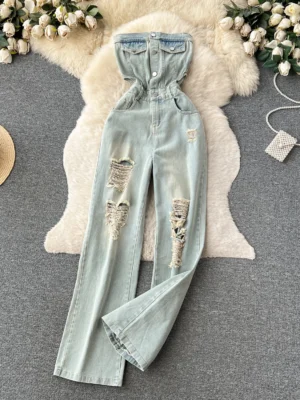 Damskie Ogrodniczki Jeansowe Slim Fit z Dziurami  – Styl Retro & High Street