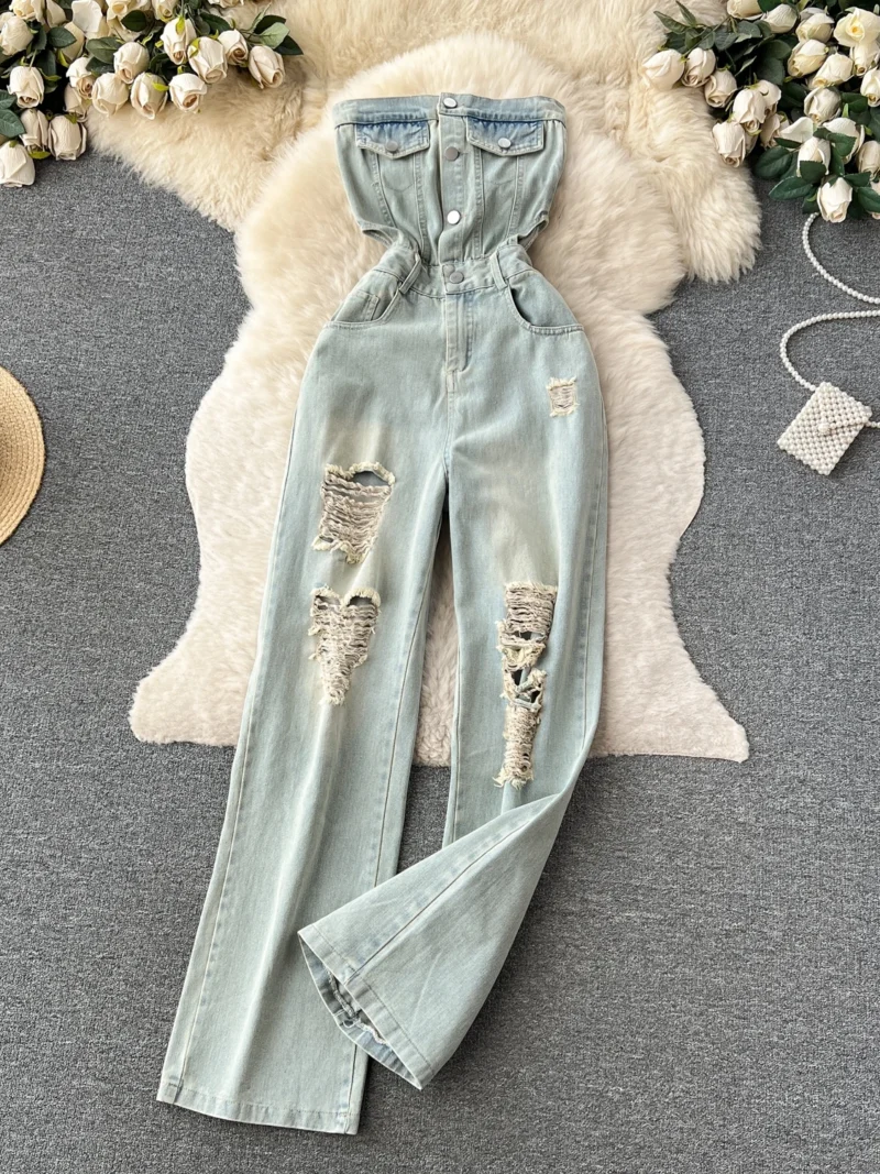 Damskie Ogrodniczki Jeansowe Slim Fit z Dziurami  – Styl Retro & High Street