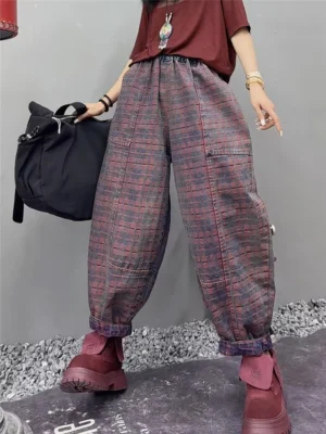 Luźne Dżinsy Damskie w Kratę – Styl Vintage