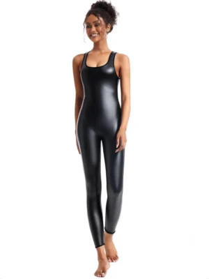 Jednoczęściowy  Kombinezon Damski ze Sztucznej Skóry – Fitness i Stylowy Look