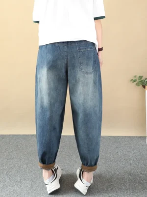 Retro Jeansowe Spodnie Harem –  Z Haftem i Patchworkiem