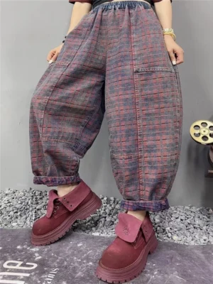 Luźne Dżinsy Damskie w Kratę – Styl Vintage