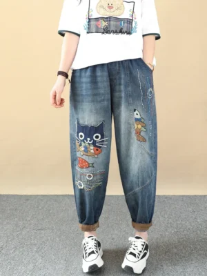 Retro Jeansowe Spodnie Harem –  Z Haftem i Patchworkiem