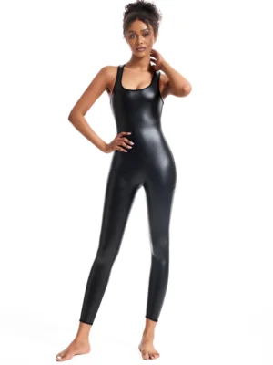 Jednoczęściowy  Kombinezon Damski ze Sztucznej Skóry – Fitness i Stylowy Look