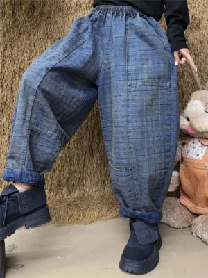 Luźne Dżinsy Damskie w Kratę – Styl Vintage