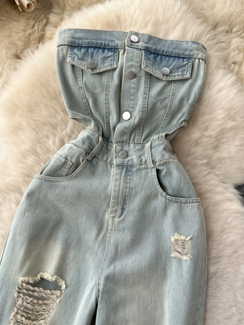 Damskie Ogrodniczki Jeansowe Slim Fit z Dziurami  – Styl Retro & High Street