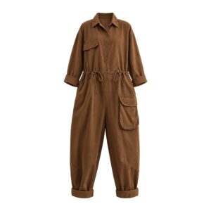 Oversize'owy kombinezon damski z długim rękawem – stylowy, jednoczęściowy - Brązowy, XL