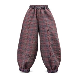 Luźne Dżinsy Damskie w Kratę – Styl Vintage - Bordowy, Jeden Rozmiar
