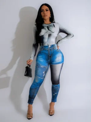 Kombinezon Damski  z Długim Rękawem – Imitacja Denimu,Wygodny i Stylowy Look Jeansowy