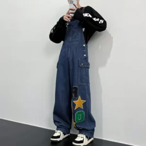 Luźne Ogrodniczki Dżinsowe Unisex z Haftem | Styl Hip-Hop
