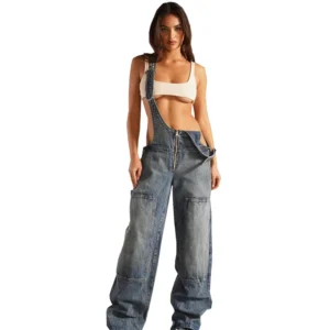 Damskie Ogrodniczki Denim – Luźne - Styl Casual, Jednoczęściowy Look
