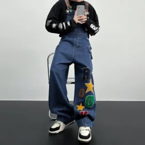 Luźne Ogrodniczki Dżinsowe Unisex z Haftem | Styl Hip-Hop