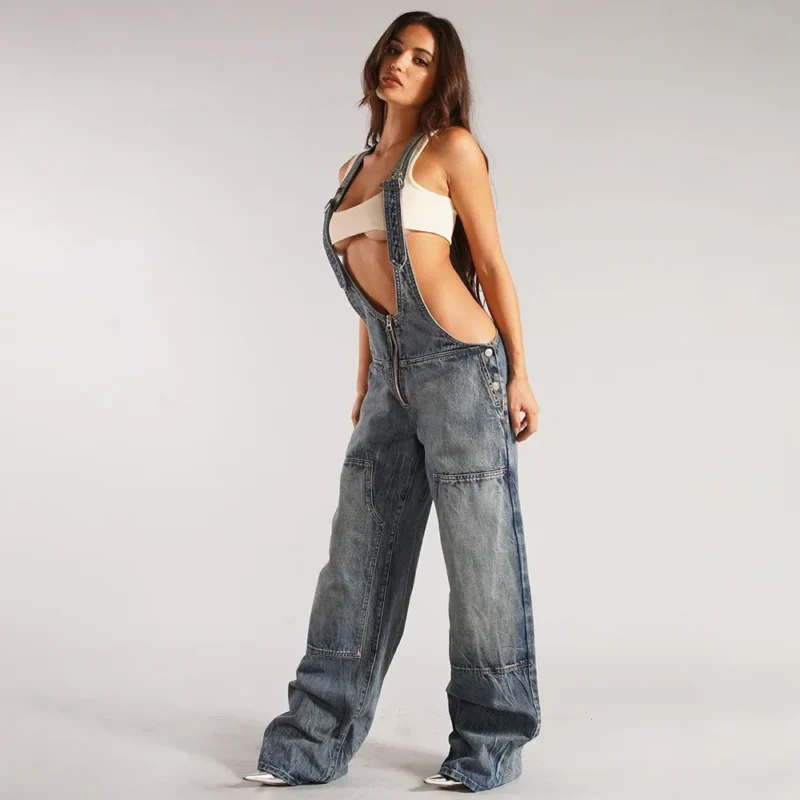 Damskie Ogrodniczki Denim – Luźne - Styl Casual, Jednoczęściowy Look