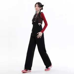 Czarne Damskie Ogrodniczki Retro – Luźne Jeansy Streetwear
