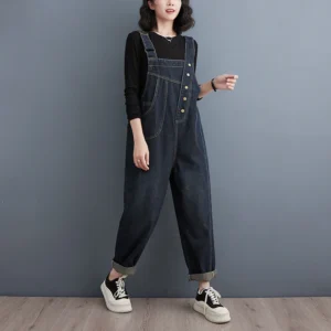 Damskie Ogrodniczki Jeansowe Streetwear – Luźne, Z Szeroką Nogawką, Kieszeniami