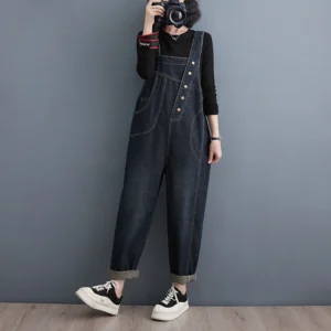Damskie Ogrodniczki Jeansowe Streetwear – Luźne, Z Szeroką Nogawką, Kieszeniami