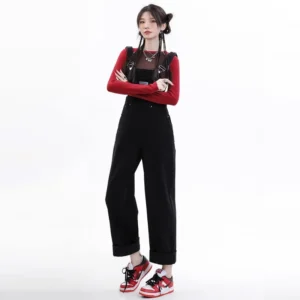 Czarne Damskie Ogrodniczki Retro – Luźne Jeansy Streetwear
