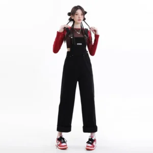 Czarne Damskie Ogrodniczki Retro – Luźne Jeansy Streetwear
