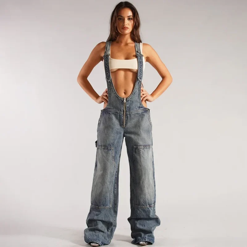 Damskie Ogrodniczki Denim – Luźne - Styl Casual, Jednoczęściowy Look
