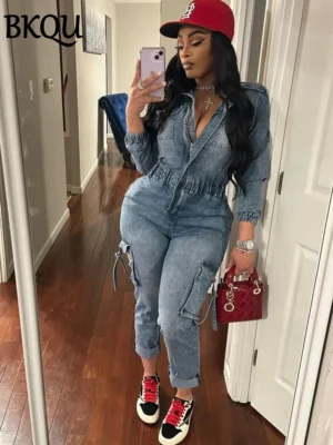 Stylowy Kombinezon Jeansowy Damski z Kieszeniami