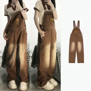 Vintage  ogrodniczki damskie z haftem – luźne  w stylu retro