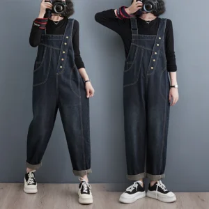 Damskie Ogrodniczki Jeansowe Streetwear – Luźne, Z Szeroką Nogawką, Kieszeniami